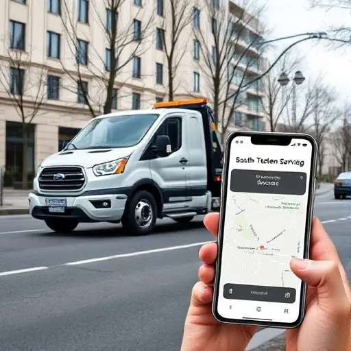 Эвакуатор в Москве недорого: Полное руководство по заказу в СВАО A sleek, modern tow truck parked on a Moscow street, with a subtle, stylized map overlay highlighting the South-Western Administrative Okrug. The scene includes a smartphone screen showing a simple, user-friendly interface for ordering a cheap tow service, all rendered in a clean, minimal style without any text or lettering.