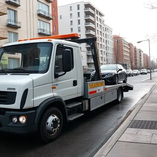 A modern towing truck parked beside a city street in Sloboda, with a clear view of the cityscape and a parked car being towed, no text or signage visible