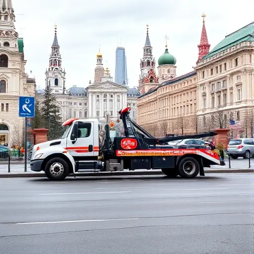Вызов эвакуатора в Москве, СВАО: Полное руководство A realistic depiction of a tow truck parked on a Moscow street in the North-Eastern Administrative District, featuring iconic Moscow architecture and cityscape in the background, with no people, no text, no signage, and no lettering.