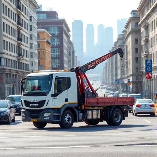 Эвакуатор в ЮАО Москвы: Полное руководство по заказу и выбору A modern tow truck with a crane arm parked on a busy street in the South-Eastern district of Moscow, surrounded by typical city buildings, streetlights, and a hint of the Moscow skyline in the background. The scene is lively with subtle traffic, but no people are visible. The lighting is natural daylight, capturing the urban atmosphere.