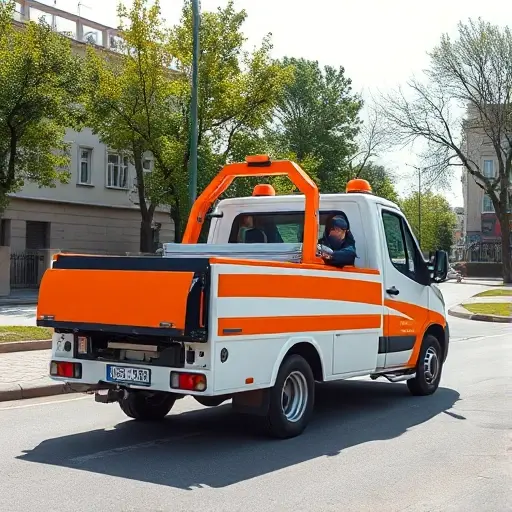 A modern orange and white tow truck parked on a quiet street in the southwestern part of Moscow, with low-rise Soviet-era buildings and leafy trees in the background under a clear sky, showing the open tailgate and a driver in a uniform, conveying affordability and transparency through a clean, open composition.
