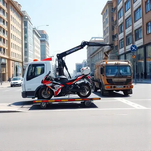 A realistic city street scene on Avangardnaya Street with a compact tow truck positioned beside a parked motorcycle, the tow truck's crane arm gently lifting the motorcycle onto its platform. In the background, a piece of special equipment, such as a small excavator, is also being prepared for transport. The setting is bright daylight with urban buildings and a clear sky, focusing on the vehicles and the towing operation without any text or signage.