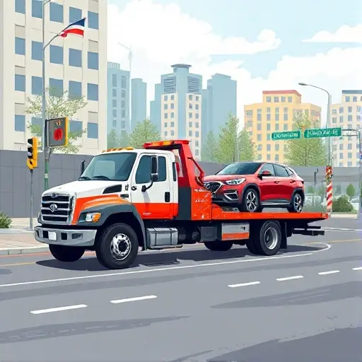 A realistic illustration of a tow truck parked on Angarskaya Street, with a cityscape background, showing a vehicle being towed, and subtle visual cues indicating different types of tow trucks (flatbed, hook and chain, wheel-lift) in the scene. The image should convey a sense of urban environment, with street signs, buildings, and a clear depiction of the tow truck's equipment. No text or lettering should be present.