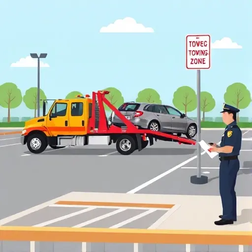 A tow truck pulling a car in a parking lot, with a clear sign indicating a towing zone, a police officer in uniform standing nearby, and a vehicle owner holding a clipboard, all depicted without any text, letters, or numbers