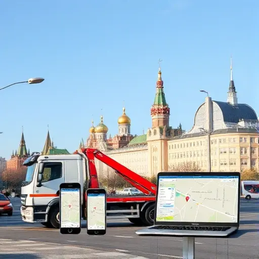 A realistic scene in Moscow showing a tow truck parked near a city street, with a smartphone and a laptop displaying a map interface for locating a towed vehicle, all without any visible text, letters, or numbers. The background features recognizable Moscow architecture such as the Kremlin silhouette and typical city buildings, under a clear sky. The composition emphasizes the concept of calling an evacuation service and using online tools to find a recovered car.