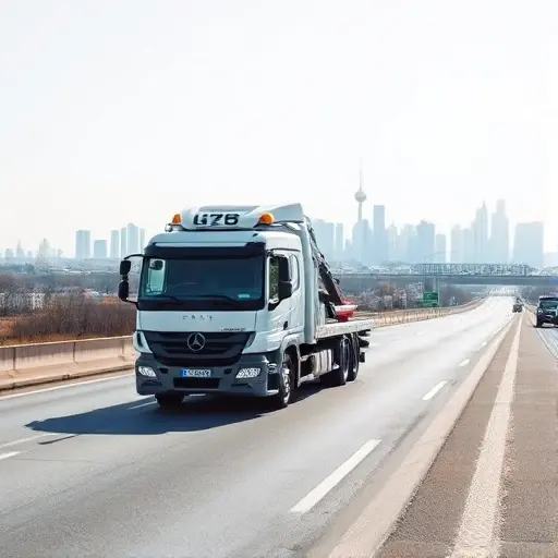 A realistic scene showing a modern tow truck (evacuation vehicle) driving on a highway that connects Zelenograd to Moscow, with the Moscow skyline visible in the distance and a subtle hint of Zelenograd's residential area in the foreground. The road is clear, the sky is bright, and the focus is on the tow truck and the transition between the two cities, without any text, logos, or people.