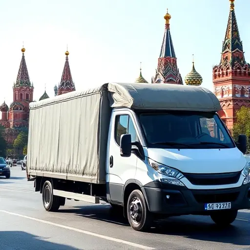 A covered tow truck parked on a Moscow street, its roof fully covered, with a subtle price tag icon on the side. In the background, iconic Moscow landmarks such as the Kremlin and St. Basil's Cathedral are visible, creating a cityscape atmosphere. The scene is bright and clear, with no text or lettering visible on the truck or surroundings.