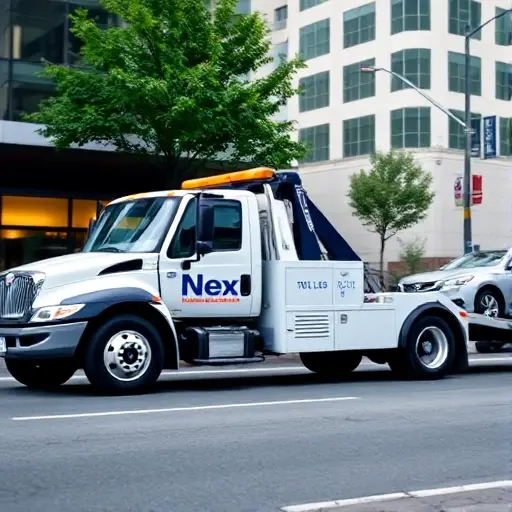 A modern tow truck with Next branding, towing a car on a city street, with a clear, realistic style and no text or lettering visible