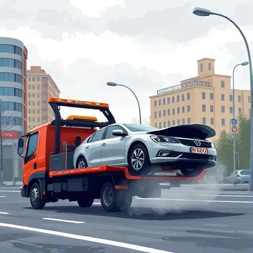 A realistic smallHQ style illustration of a tow truck in a Moscow South-Eastern district street, gently lifting a broken car with a visible technical issue, such as a smoking engine or flat tire, under a cloudy sky, with city buildings in the background, no text or signage
