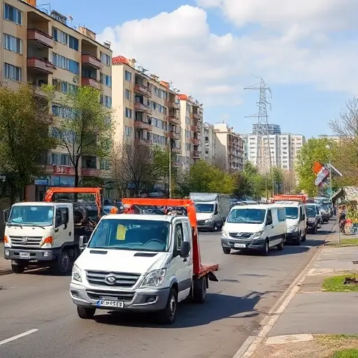 A realistic scene of Eastern Moscow streets with several types of tow trucks (flatbed, wheel-lift, integrated) parked and working, showing a cityscape with typical Moscow apartment buildings and trees, under a clear sky, emphasizing reliability and affordability, without any text or signage