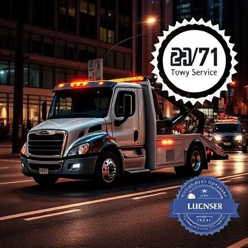 A modern tow truck parked on a city street at night, with a glowing clock icon indicating 24/7 service, a visible license badge or certificate symbol, and a backdrop of a busy urban environment, conveying reliability and professionalism.