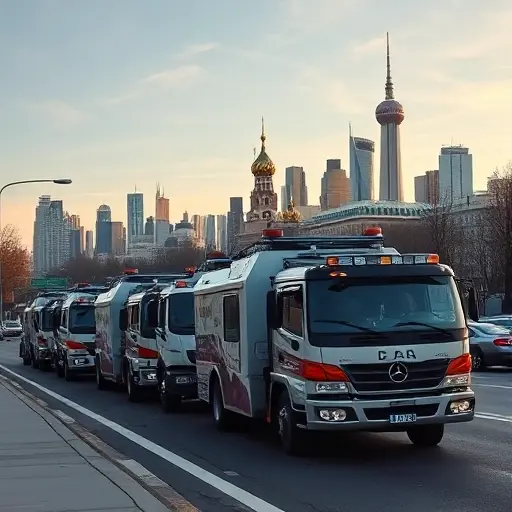 A realistic scene of Moscow streets with several modern tow trucks (evakuatory) parked beside a busy road, city skyline in the background, subtle indication of market activity like faint graphs or arrows integrated into the sky, no text or signage, focusing on the vehicles and urban environment