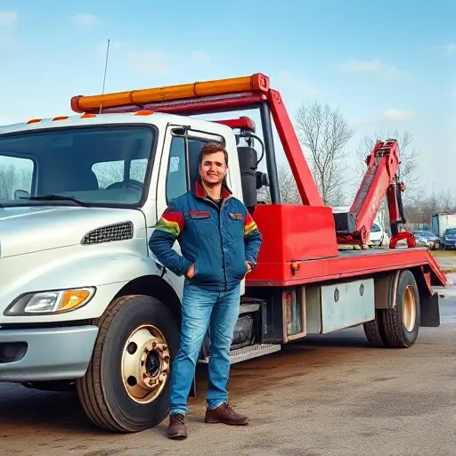 A friendly tow truck driver in Tobolsk standing next to a tow truck with a client, showing a positive interaction, no text or signage, realistic style