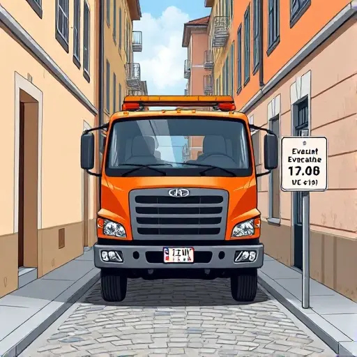 A realistic illustration of a tow truck parked in a narrow alleyway, with a clear view of the surrounding buildings and a visible distance marker indicating the evacuation distance. The scene should show the tow truck's front, a small signpost with a distance measurement, and the alley's cobblestone pavement. No text or lettering should be present in the image.