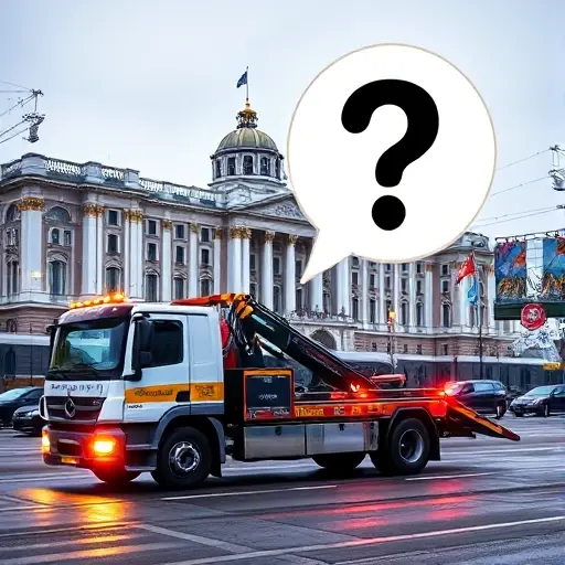 сколько стоит эвакуатор в спб A realistic tow truck parked on Nevsky Prospekt in St. Petersburg, with the iconic Winter Palace in the background. The truck is illuminated, and a large question mark icon floats above it to suggest the cost inquiry. No text or numbers appear.