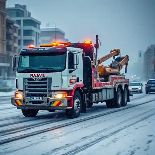 A powerful heavy-duty truck tow truck operating on a Moscow street under harsh weather conditions such as heavy snow, strong wind, and low visibility. The scene shows the tow truck with its winch and lights, navigating icy roads and a blurred cityscape with muted, cold colors, emphasizing the difficulty of the rescue operation.