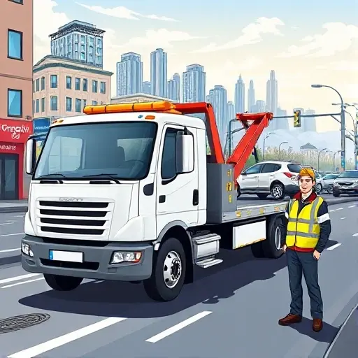 A bright, modern tow truck parked on a bustling street in Khabarovsk, with a city skyline in the background. The truck is pulling a small passenger car, and a friendly mechanic in a reflective vest is standing beside it, ready to assist. The scene conveys a sense of readiness and professionalism, with clear, clean lines and a slightly stylized illustration style.