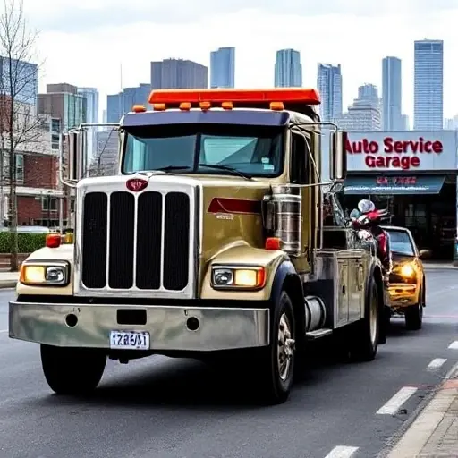 A tow truck in a city setting, towing a motorcycle or scooter, heading toward an auto service garage. The scene shows the tow truck's front with a winch, the motorcycle attached to the back, and a city skyline in the background. The image should convey a sense of urgency and professional service, with clear focus on the tow truck and vehicle being towed.