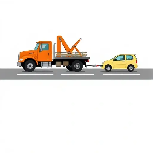 A tow truck pulling a small car named "Бычок" on a road, showing the towing process in a clear, step-by-step visual style. The scene should include the tow truck, the car being towed, and a simple background that indicates a road or highway. No text, letters, or numbers should be present in the image.