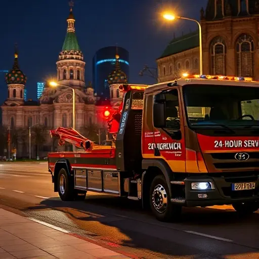 A modern tow truck parked on a Moscow street at night, with the city skyline in the background, illuminated by streetlights, showing a 24‑hour service sign on the truck, no text or letters visible