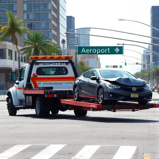 A tow truck pulling a damaged car on Aeroport Street, with a city street background, traffic signs, and a clear sky, no text or lettering in the scene