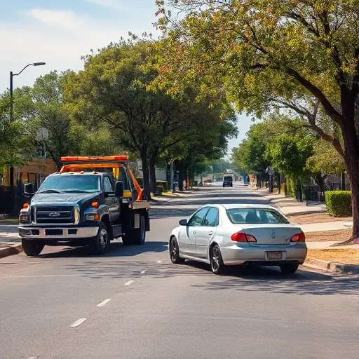 A realistic scene of a tow truck pulling a broken car onto the side of a quiet urban street, with trees and low-rise buildings typical of a residential area, under a clear sky, focusing on the vehicles and the street environment