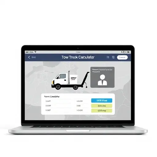 depict a modern laptop or tablet screen displaying an online tow truck calculator interface, with a simplified map of Moscow in the background, a tow truck icon, and a user icon interacting, all in a clean, minimalistic style, no text or numbers
