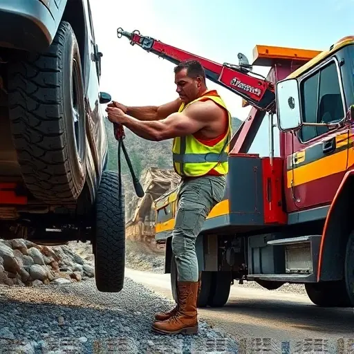 A dynamic scene of a tow truck driver in action, showing physical endurance: the driver, a muscular adult male or female, wearing a reflective safety vest and work boots, operating a heavy-duty tow truck in a rugged outdoor setting. The driver is bending and lifting a large vehicle onto the truck’s winch, muscles flexed, sweat visible, with a determined expression. The background includes a rocky road, a partially collapsed bridge, and a clear sky. The focus is on the driver's strength and the mechanical details of the tow truck, with no text, logos, or signage.