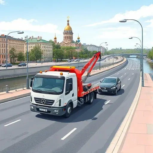 A realistic illustration of a modern tow truck assisting a broken car on a busy street in the southern part of Moscow, with recognizable Moscow architecture such as the Moscow River, nearby residential buildings, and typical street lamps, under a clear daytime sky