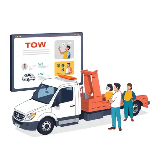 A stylized illustration of a tow truck parked beside a digital screen showing a tow service website interface, with a diverse group of potential clients—car owners, drivers, and mechanics—looking at the screen, all depicted in a clean, modern style without any text or lettering.
