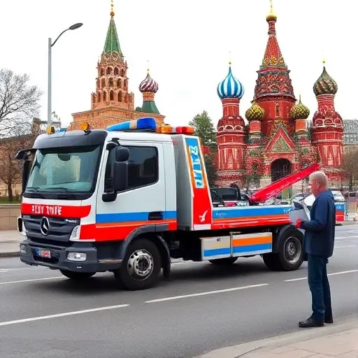 A city tow truck parked near a recognizable Moscow landmark, such as Red Square or the Kremlin, with a person standing beside it holding a legal folder or paperwork, all depicted in a realistic style without any text or lettering visible.