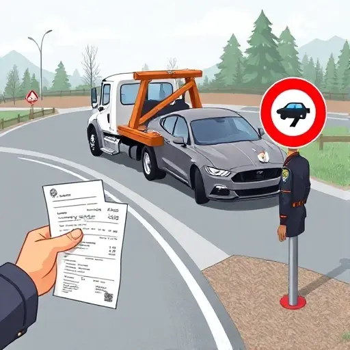 A tow truck pulling a car on a road, with a police officer holding a ticket, a payment receipt on a clipboard, and a road sign indicating a tow zone, all in a realistic style, no text or lettering