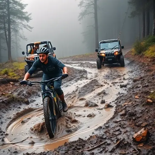 Эвакуация MTB-трейла: Как вызвать помощь, когда грязь берет верх A mountain biker stuck in deep mud on a rugged trail, looking frustrated while a rescue team approaches with a small off‑road vehicle and a tow rope, a handheld phone visible on the rider's wrist, misty forest background, dramatic lighting emphasizing the muddy situation