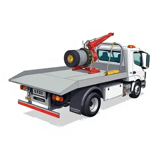 A detailed illustration of a modern tow truck equipped with a hydraulic lift and winch, showing the loading platform and cable system used for vehicle transport, set against a neutral background.