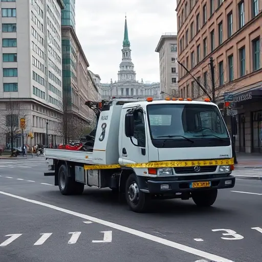 A tow truck parked on Bogucharskaya Street in a realistic urban setting, with a visible distance measurement element such as a measuring tape or distance markers on the road indicating the distance between the truck and a nearby landmark, no text or signage with letters or numbers, no explicit content