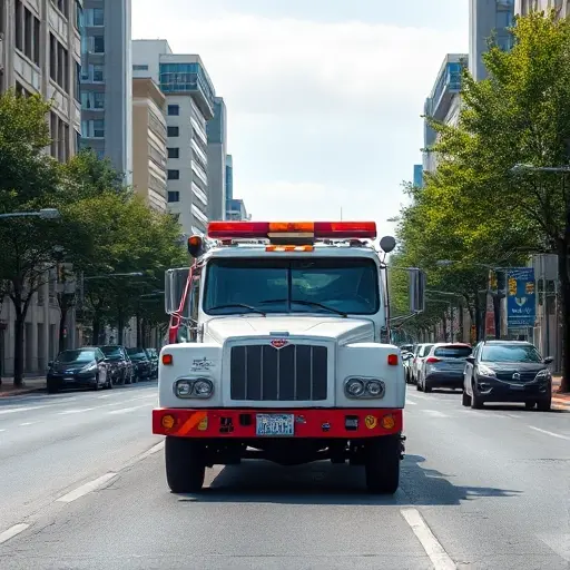 A realistic scene of a tow truck (evacuator) operating on a city street in the Eastern Degunino district, with surrounding urban buildings, trees, and a clear sky, focusing on the vehicle and the road environment without any text or signage
