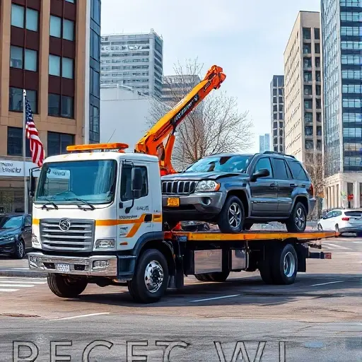 A special tow truck equipped with a hydraulic crane lifting a damaged vehicle onto a flatbed, positioned in an urban setting with nearby buildings and traffic, rendered in realistic detail and high resolution, without any text or lettering