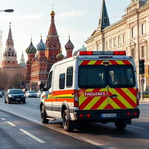 москва car эвакуатор A tow truck (car evacuation vehicle) driving through a Moscow street scene, with recognizable city architecture such as the Kremlin towers and classic Russian buildings in the background, under a clear sky. The focus is on the vehicle and the urban environment, with realistic lighting and perspective, no text or signage.