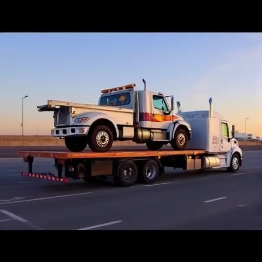 перевести эвакуатор A tow truck being loaded onto a flatbed transport truck in a clear parking lot or highway setting, realistic lighting, no text or signage visible, no people or other vehicles in the frame