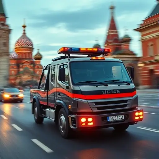 A modern tow truck (evacuator) driving quickly through a recognizable Moscow city street, with iconic landmarks such as the Kremlin dome and St. Basil's Cathedral faintly visible in the background, emphasizing speed and urgency of arrival, realistic lighting, dynamic motion blur on the wheels, no text or signage