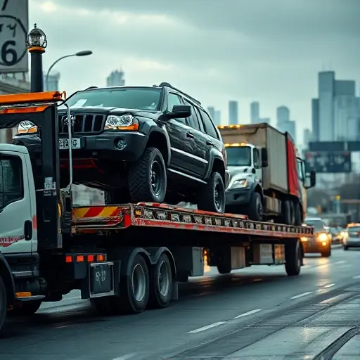 A professional tow truck on a Moscow street, lifting a large SUV and a cargo truck onto its platform, with the city skyline and blurred traffic signs in the background, realistic lighting and dynamic composition showing the evacuation of off‑road vehicles, no people visible