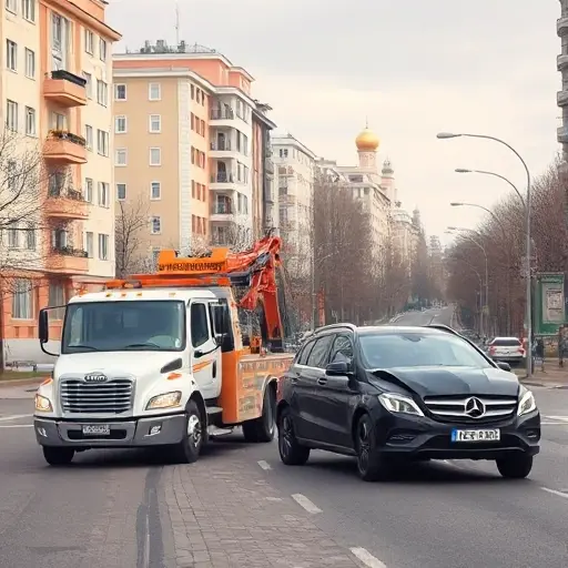 A tow truck pulling a broken car on a city street in the southwestern part of Moscow, showing typical Moscow architecture and a residential neighborhood, daytime, realistic rendering, no text or logos