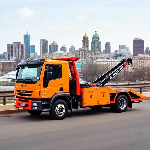 A bright-colored tow truck parked in front of the Volgograd skyline, with a clear view of the city’s iconic architecture, conveying affordability and efficiency.