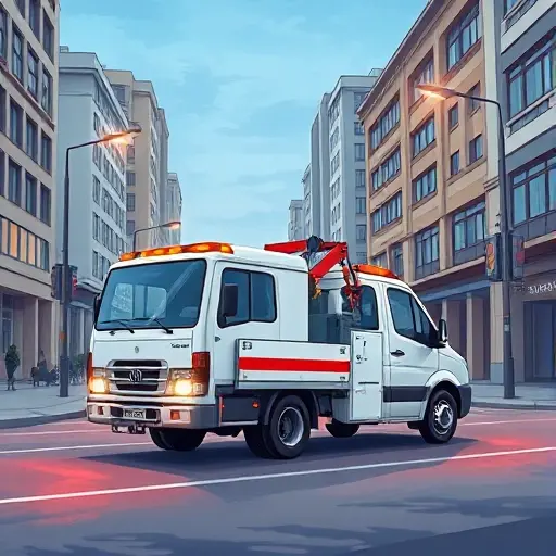 Эвакуатор на 2-й Войковском проезде: Полное руководство A realistic yet slightly stylized illustration of a tow truck (evacuator) parked on a city street named 2nd Voikovsky Passage, with surrounding urban buildings, streetlights, and a clear road, showing the vehicle's hook and lights, captured in a compact high-quality (smallHQ) style without any text or signage