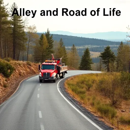 A realistic scene of a tow truck assisting a broken car on a winding road surrounded by trees, with a serene landscape in the background, illustrating the concept of a tow service on the 'Alley and Road of Life' without any text or signage.