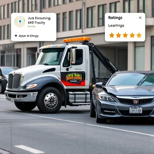A tow truck parked beside a damaged car on a city street, with a friendly driver holding a phone, a subtle digital map overlay indicating nearby locations, and a small icon of rating stars in the corner, all in a realistic style.