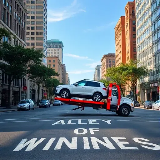 A realistic scene of a tow truck fully loading a vehicle on a wide urban street named Alley of Winners, with surrounding city buildings, trees, and a clear sky, focusing on the action of the tow truck lifting the car onto its platform, without any visible text or signage