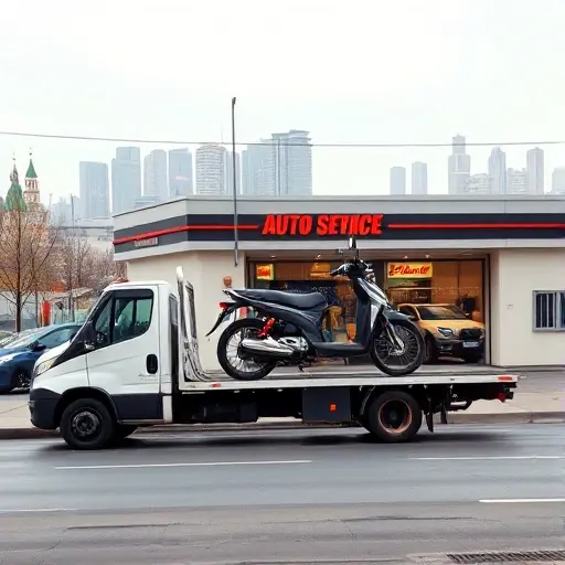 A tow truck carrying a motorcycle or scooter, parked in front of an auto service center with a subtle Moscow skyline in the background, no text or lettering, no people, no other vehicles