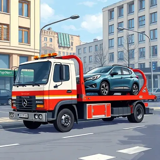A realistic illustration of a tow truck parked on Bolshoy Vatin Street, with a car being towed, city street background, no text or signage, clear lighting, smallHQ style