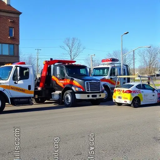 A realistic scene showing several types of tow trucks side by side: a flatbed tow truck with a low platform, a wheel‑lift tow truck with a hydraulic arm, an integrated tow truck with a crane, and a small roadside recovery unit, all positioned on a city street with a parked car ready to be lifted, under a clear sky, without any signage or lettering.